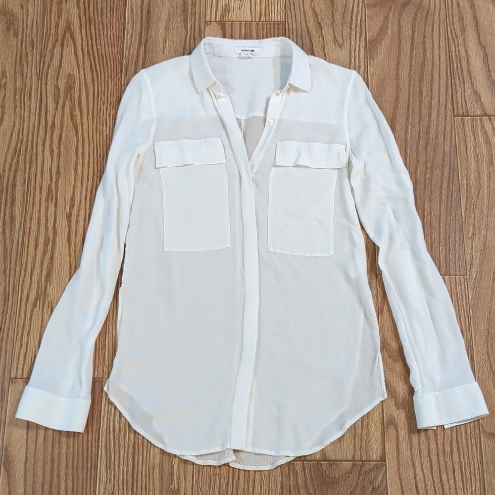 Helmut Lang white sheer gauze button-up crepe shirt, side slits, pockets, size S